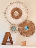 Trio Dune – Décoration murale bohème en plumes naturelles et raphia - Juju Hat blanc - Miroirs coquillages - Fait main