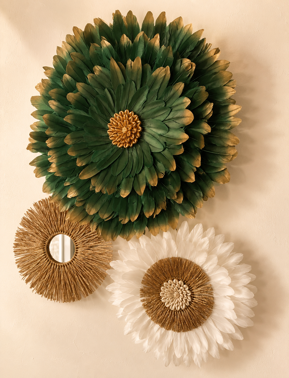 Trio Golden Forest Jujuhat en plumes naturelles et Raphia