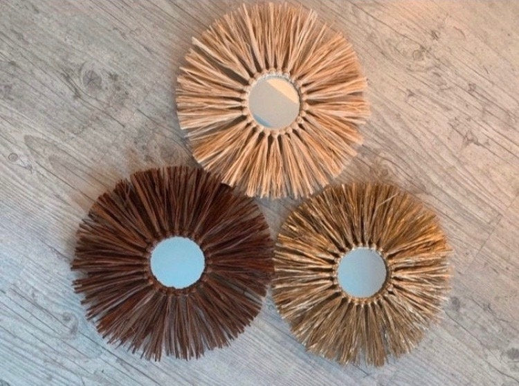 Trio de MIROIRS SOLEIL en RAPHIA (naturel + marron + doré)