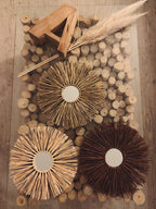 Trio de MIROIRS SOLEIL en RAPHIA (naturel + marron + doré)