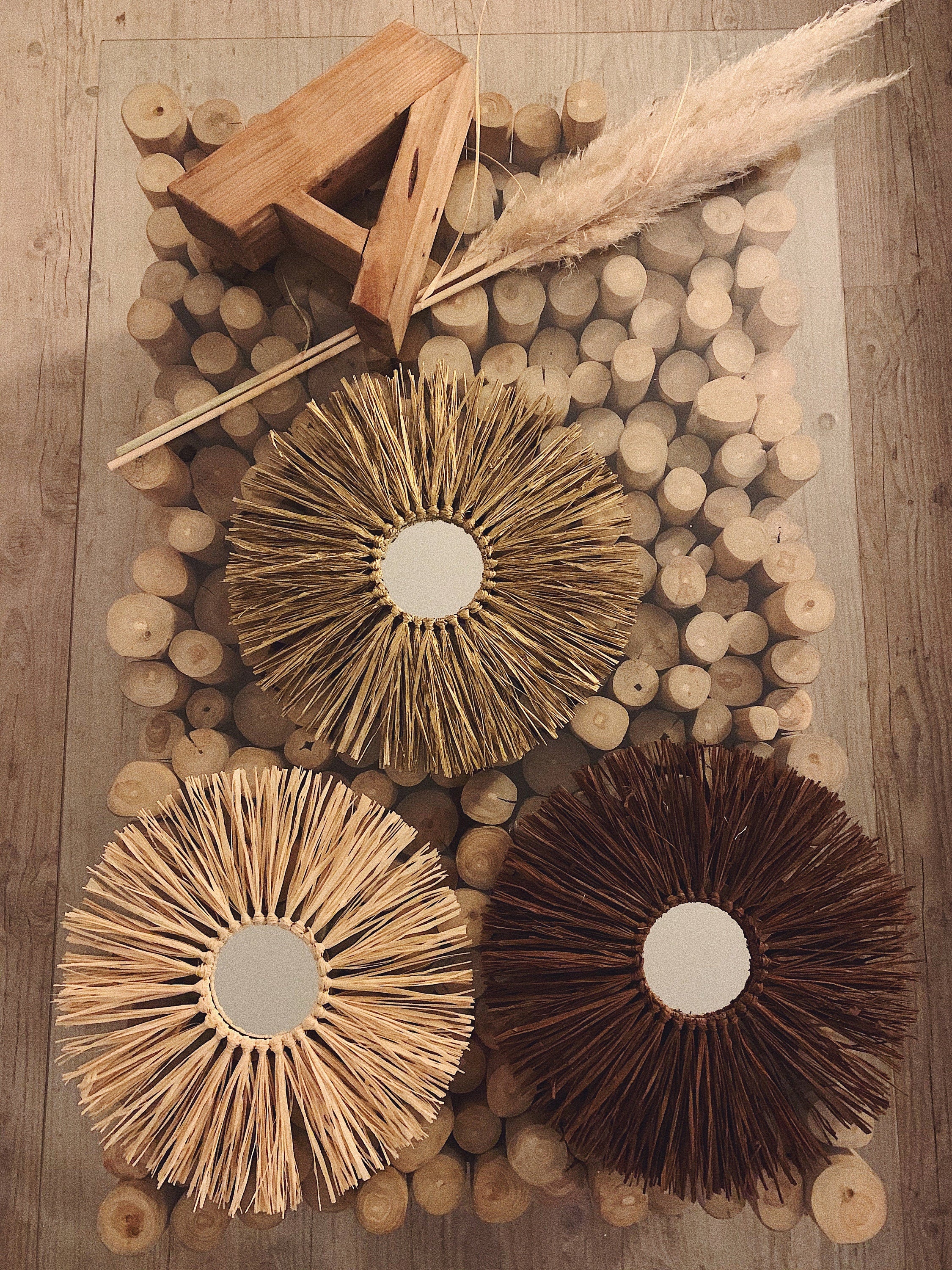 Trio de MIROIRS SOLEIL en RAPHIA (naturel + marron + doré)
