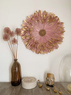 JUJUHAT « PINK PLATINE » plumes roses et dorées + coquillages cauris dorés