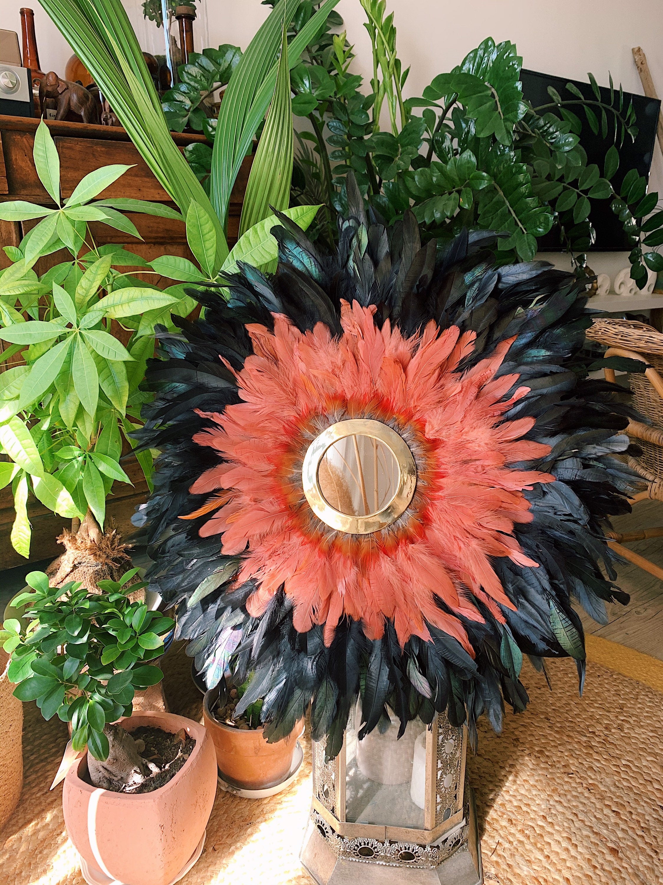 JUJUHAT « BERBÈRE » noir et terracotta avec son miroir en laiton marocain