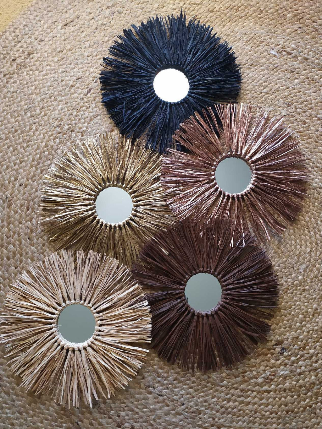 Lot de miroirs muraux en raphia – 35 cm avec miroir central – Déco bohème en fibres naturelles – Coloris au choix