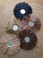 Lot de miroirs muraux en raphia – 35 cm avec miroir central – Déco bohème en fibres naturelles – Coloris au choix
