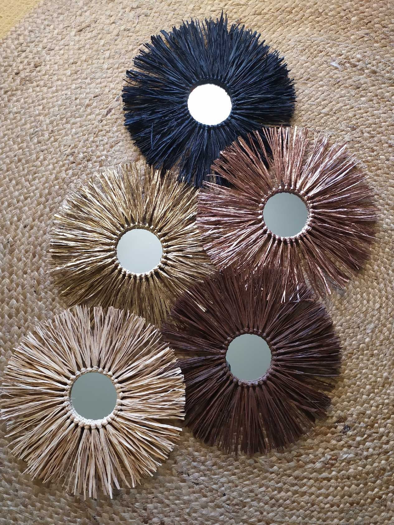 Lot de miroirs muraux en raphia – 35 cm avec miroir central – Déco bohème en fibres naturelles – Coloris au choix
