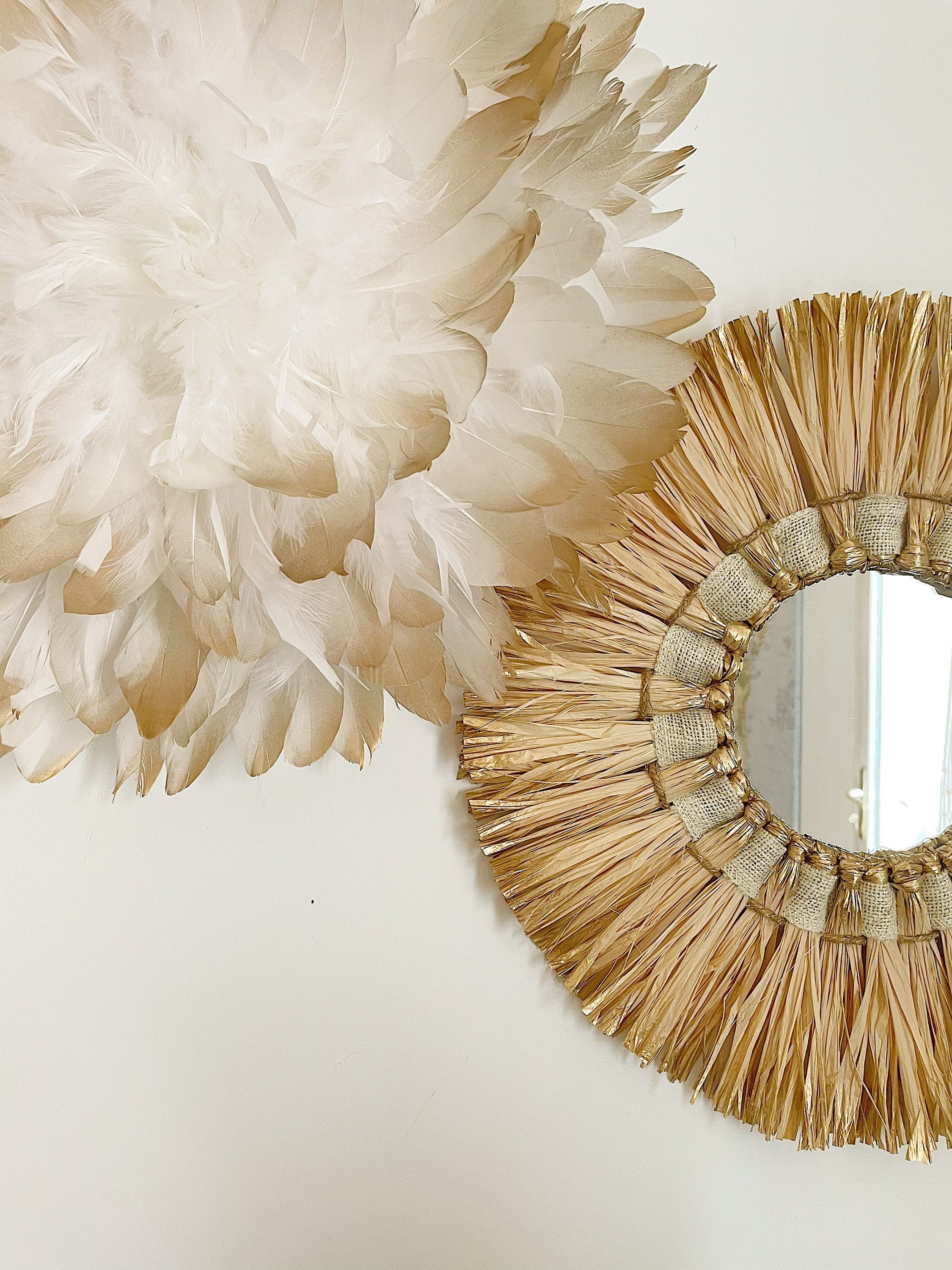 DUO « INFINITY » jujuhat blanc et doré et son miroir en raphia doré