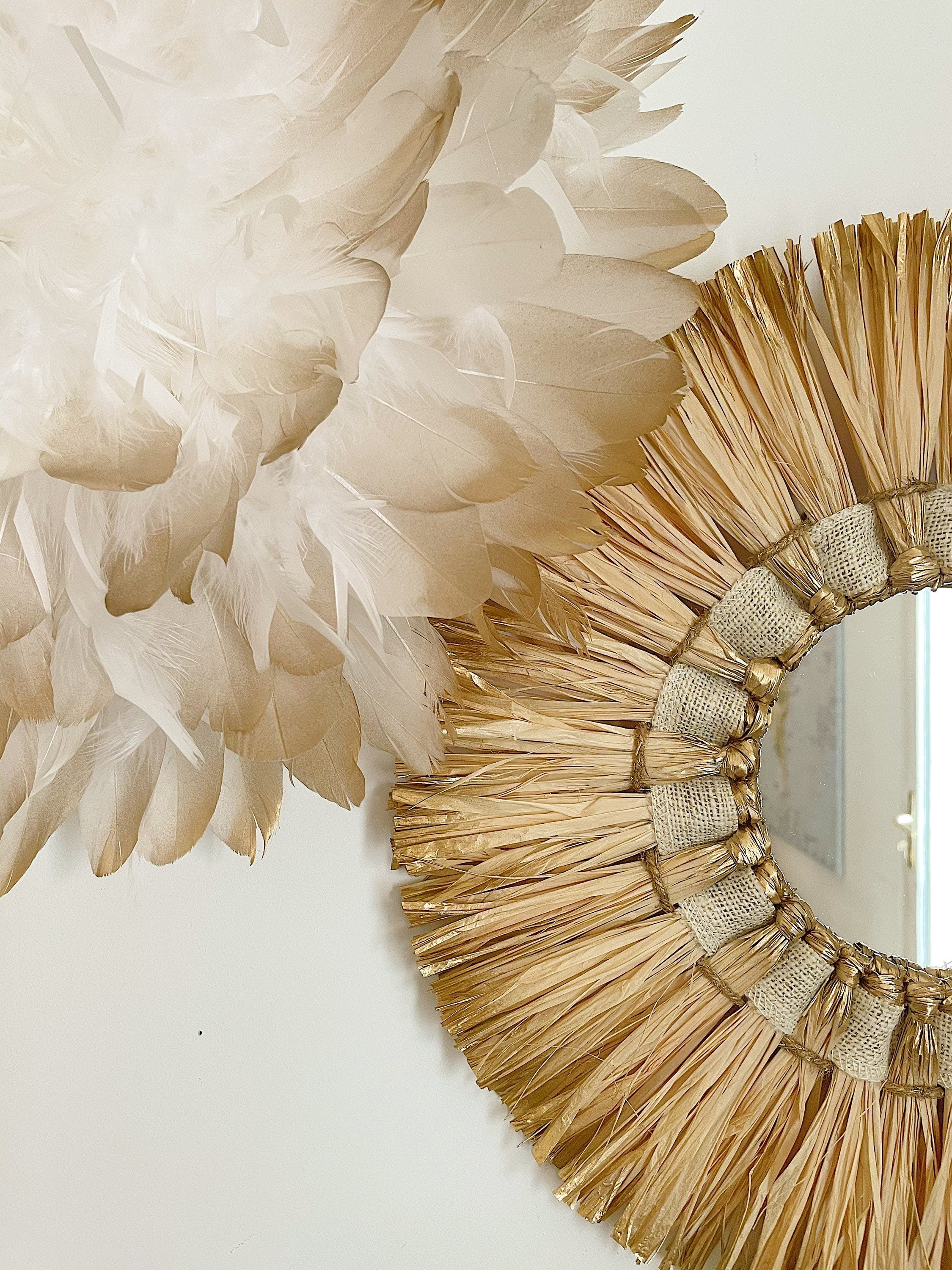DUO « INFINITY » jujuhat blanc et doré et son miroir en raphia doré