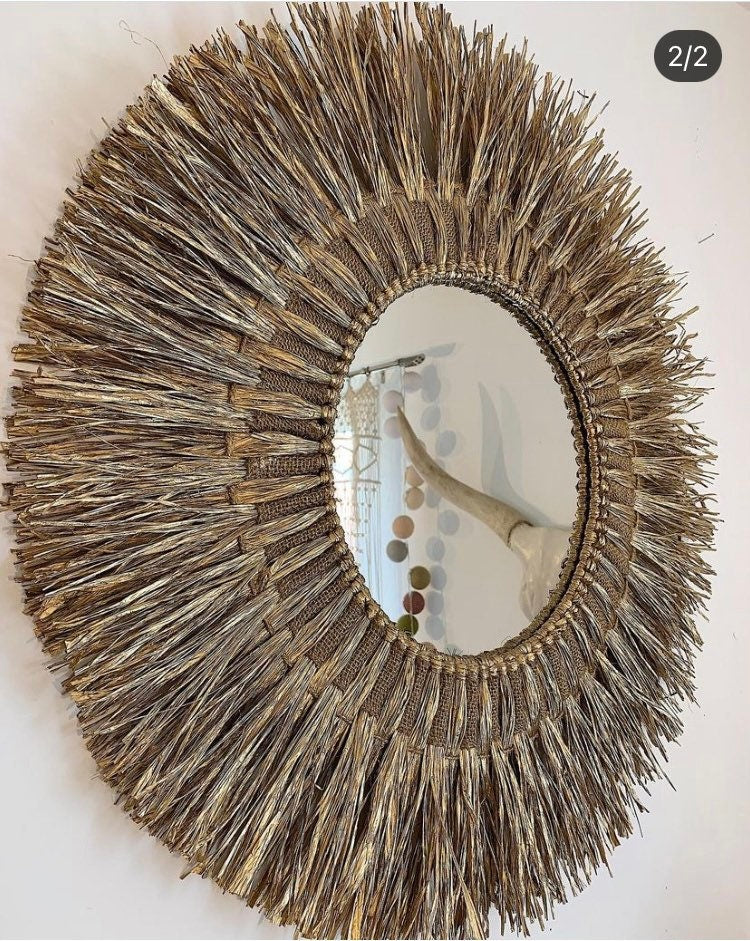 MIROIR SOLEIL en RAPHIA doré