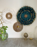 TRIO « GOLDEN BLUE » jujuhats blanc et bleu + miroir en raphia doré