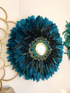 JUJUHAT « GEORGIOS » en plumes bleues et noires et son miroir en laiton doré