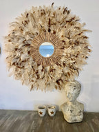 Juju Hat “Indian Summer” – décoration murale en plumes naturelles, raphia et miroir au choix