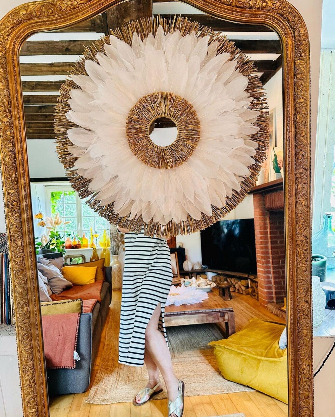 Juju Hat blanc doré en plumes – Le BLANC DU NIL – décoration murale bohème luxe