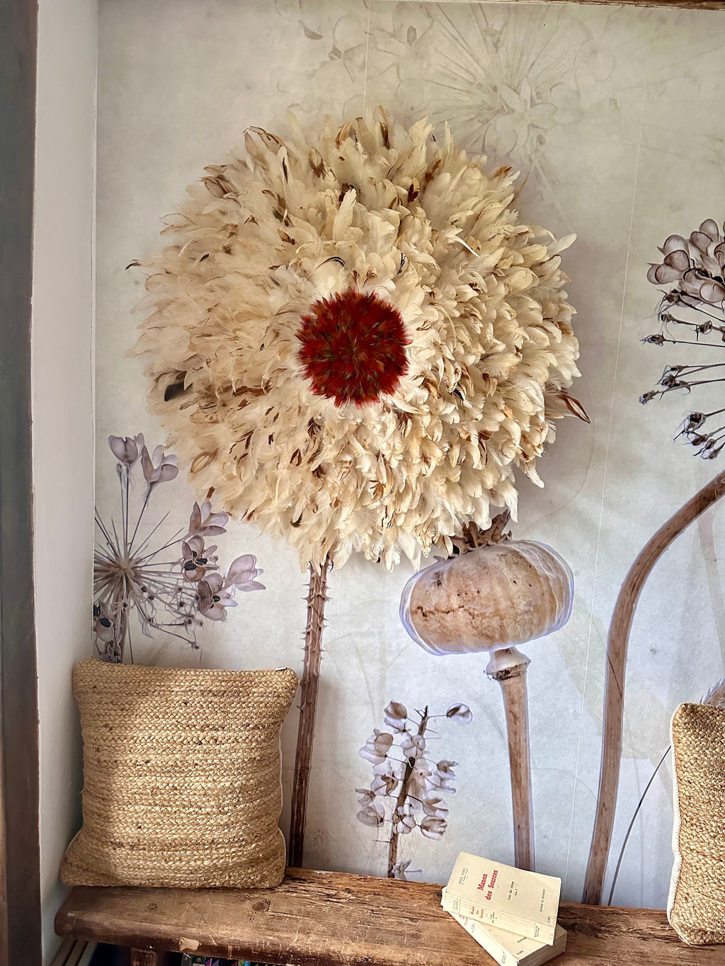 Juju Hat INDIAN SUMMER RED LOVER – Plumes rouges et naturelles – Décoration murale bohème chic