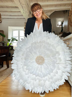 JujuHat « LE FANTOM SNOW » blanc xl – plumes naturelles – cœur en miroir ou coquillages cauris