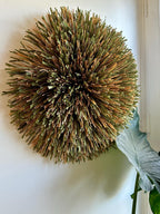 Duo « POMPON GARDEN » – Déco murale artisanale en raphia vert olive et miroir naturel en jute (50 cm + 40 cm)