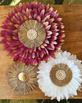 Trio PURPLE-CAURIS – Juju hats violet et blanc + miroir en raphia doré, décoration murale originale