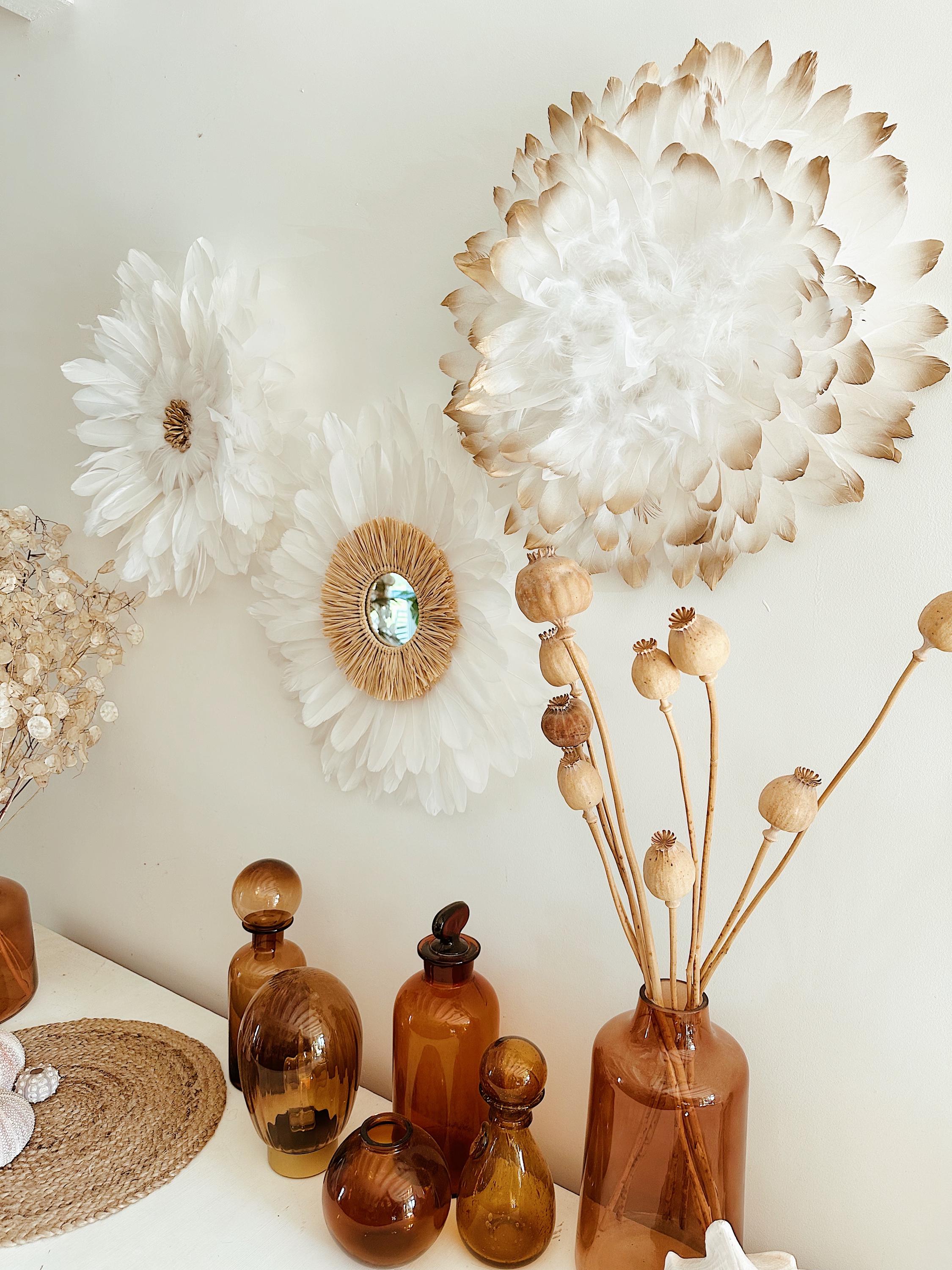 THE TRIPLE WHITE wall trio – 50 cm white Juju hats made from natural feathers and plant fibers