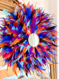 Juju Hat LE BLUE PARTY – Décoration murale en plumes multicolores avec miroir doré – Style bohème chic