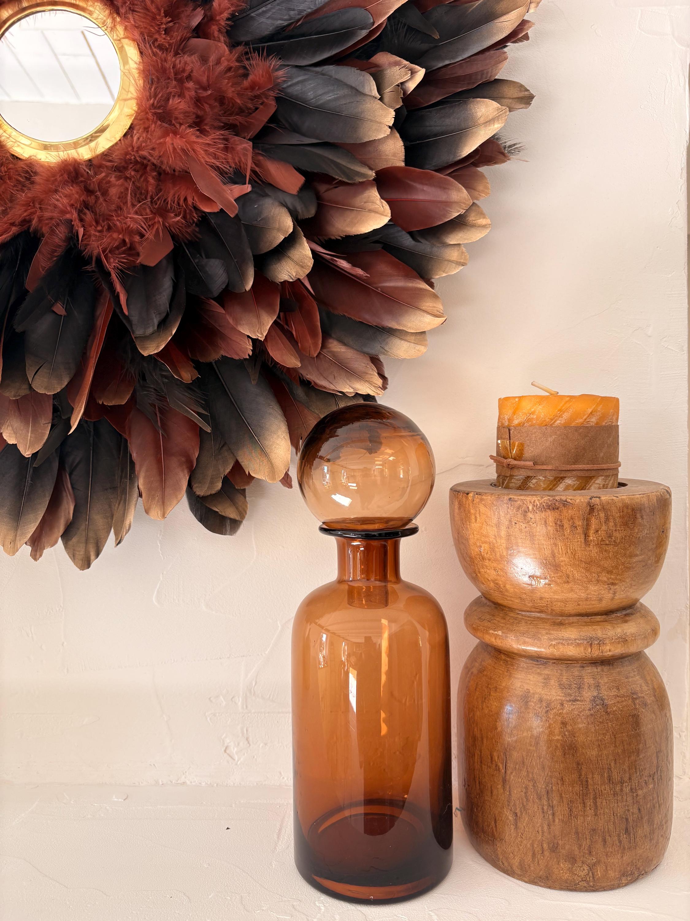 LE SIROCCO – Juju Hat marron et noir avec miroir en laiton doré, décoration murale bohème chic artisanale, plume naturelle, 50 65 80 cm