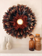 LE SIROCCO – Juju Hat marron et noir avec miroir en laiton doré, décoration murale bohème chic artisanale, plume naturelle, 50 65 80 cm