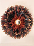 LE SIROCCO – Juju Hat marron et noir avec miroir en laiton doré, décoration murale bohème chic artisanale, plume naturelle, 50 65 80 cm