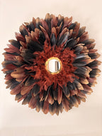 LE SIROCCO – Juju Hat marron et noir avec miroir en laiton doré, décoration murale bohème chic artisanale, plume naturelle, 50 65 80 cm