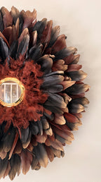 LE SIROCCO – Juju Hat marron et noir avec miroir en laiton doré, décoration murale bohème chic artisanale, plume naturelle, 50 65 80 cm