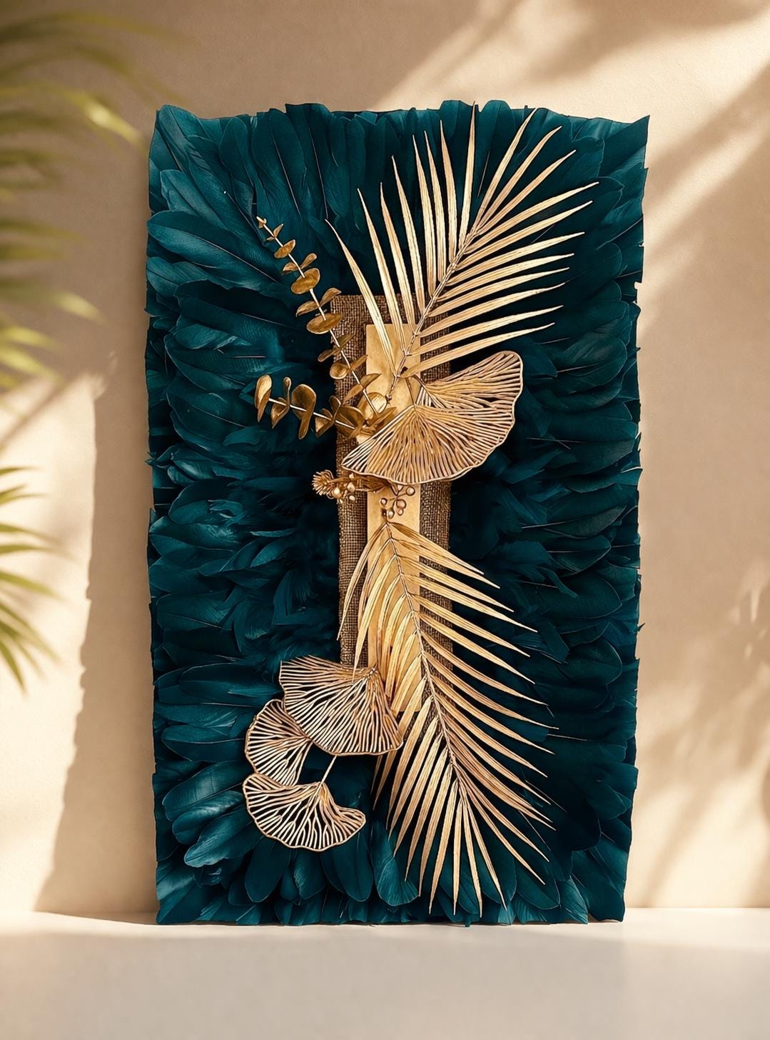 JUJUHAT square "la PALME D'OR" en plumes bleues paon et son coeur travaillé en doré avec sa forme carré