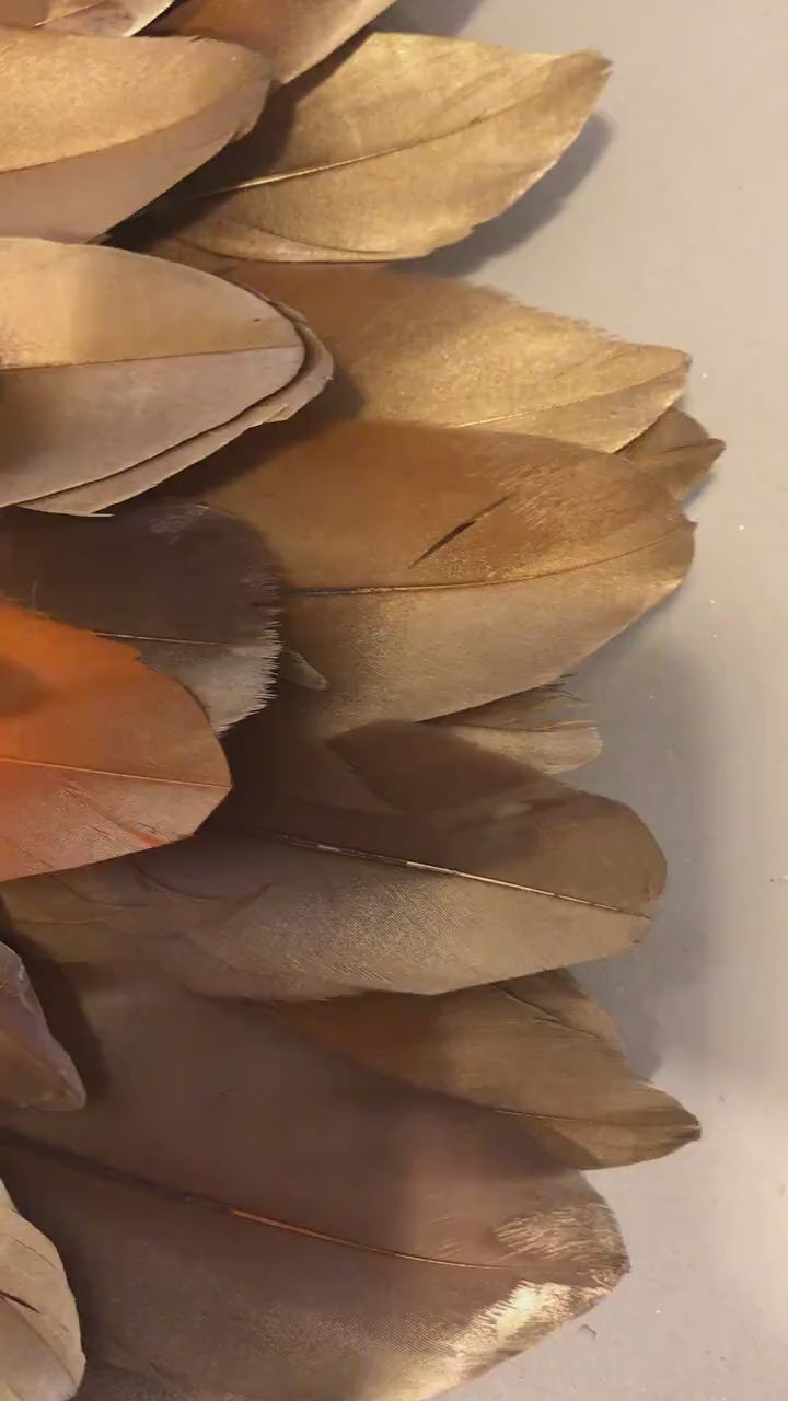 JUJUHAT “MILLE FEUX” – Déco murale en plumes marron, orange et doré • Raphia doré & cauris • 50, 65 ou 80 cm